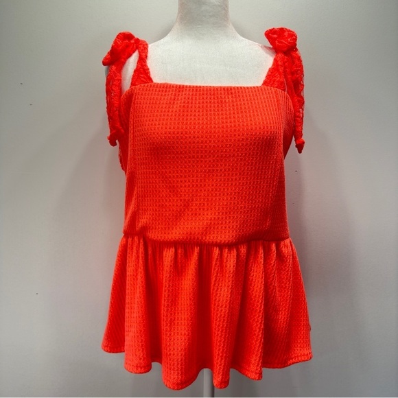BiBi Fluorescent Orange Waffle Knit Lace Bow Straps Babydoll Ruffle Tank Top - Picture 8 of 12